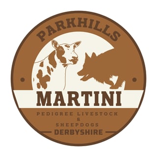 Parkhills Martini logo featuring a cow and sheepdog for pedigree livestock and sheepdogs in Derbyshire